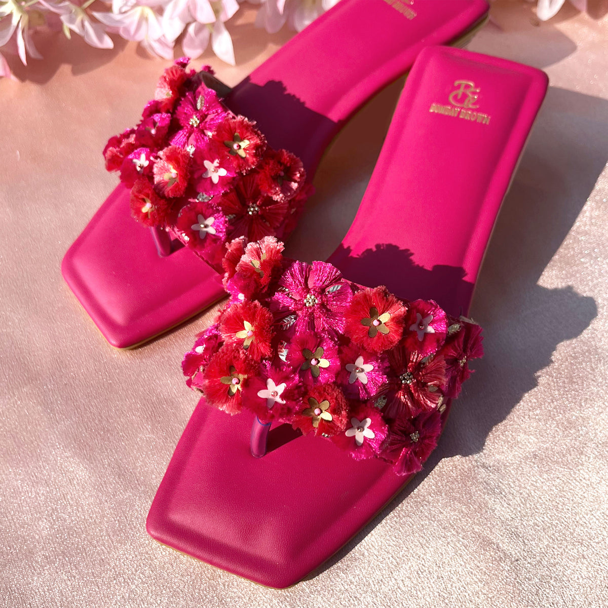 Wishing Pink Hand embroidered Floral Slides Bombay Brown India