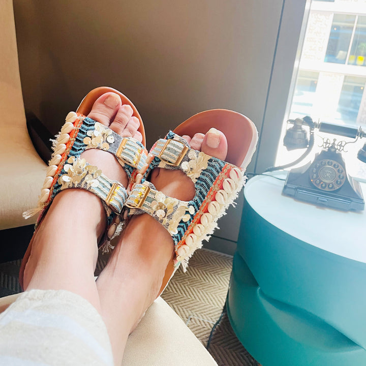 Boheme Multi Striped Buckled Slides