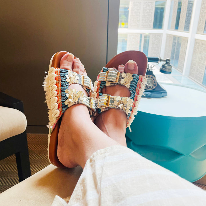 Boheme Multi Striped Buckled Slides