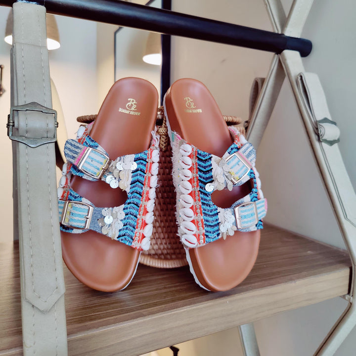 Boheme Multi Striped Buckled Slides