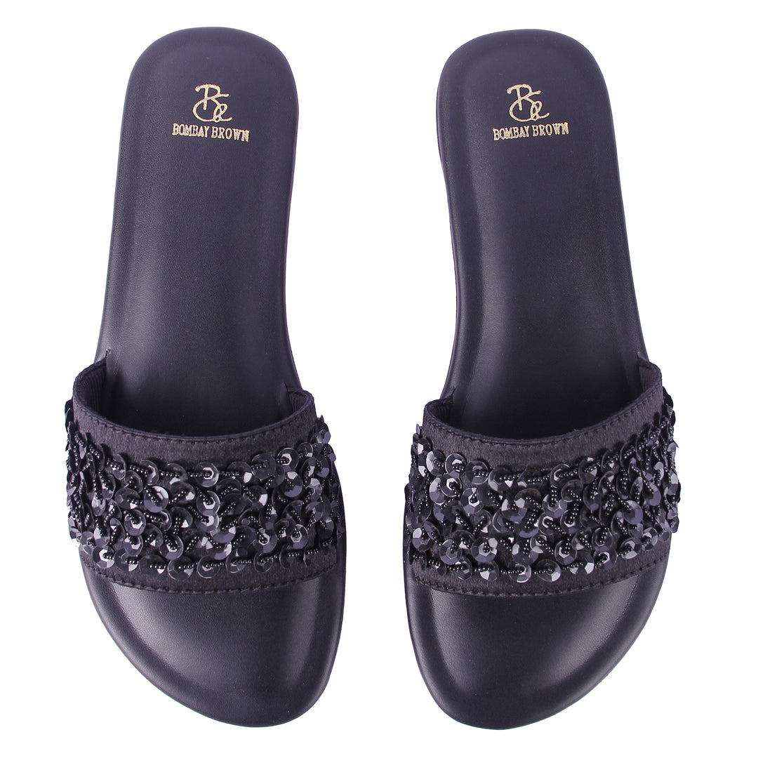 Nightfall Black Embroidered Slides