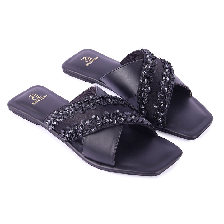 Nightfall Black Embroidered Criss Cross Slides