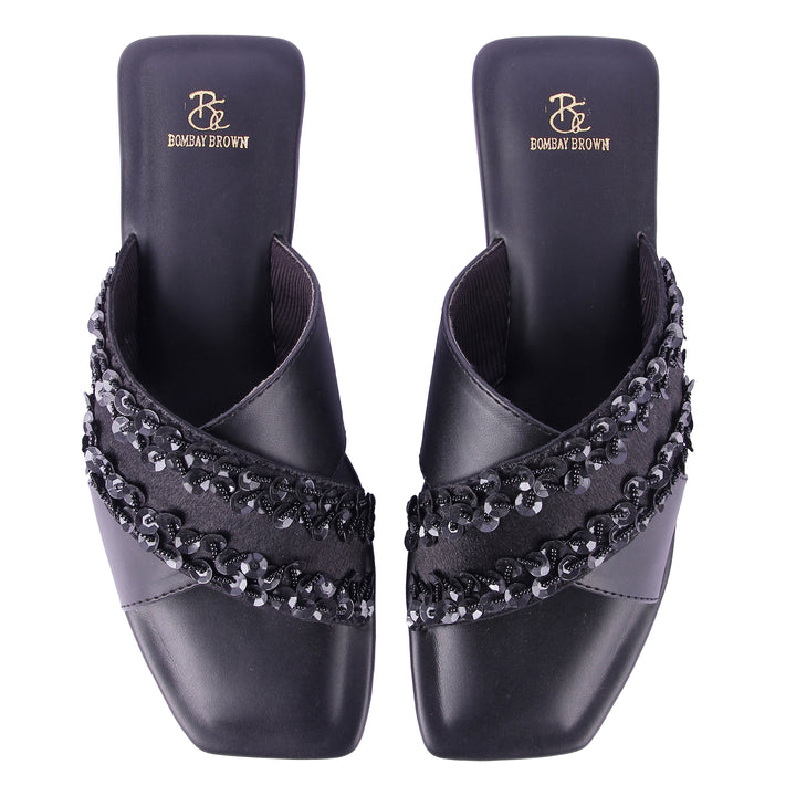 Nightfall Black Embroidered Criss Cross Slides