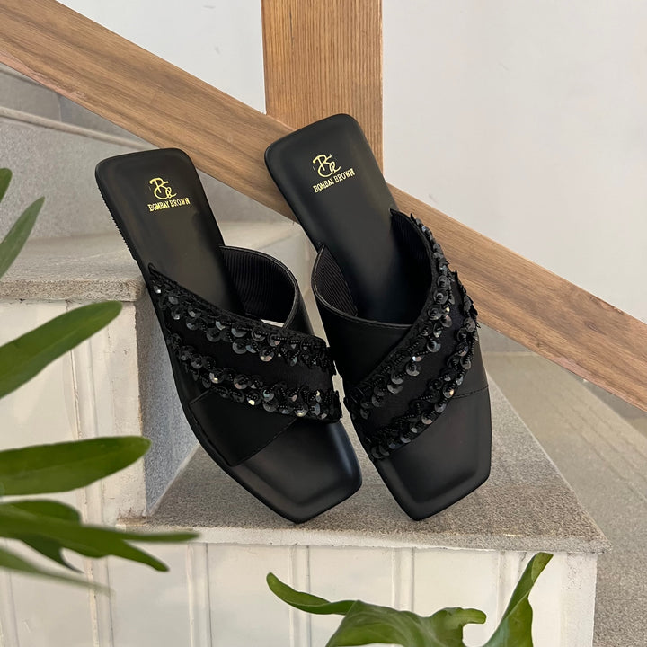 Nightfall Black Embroidered Criss Cross Slides