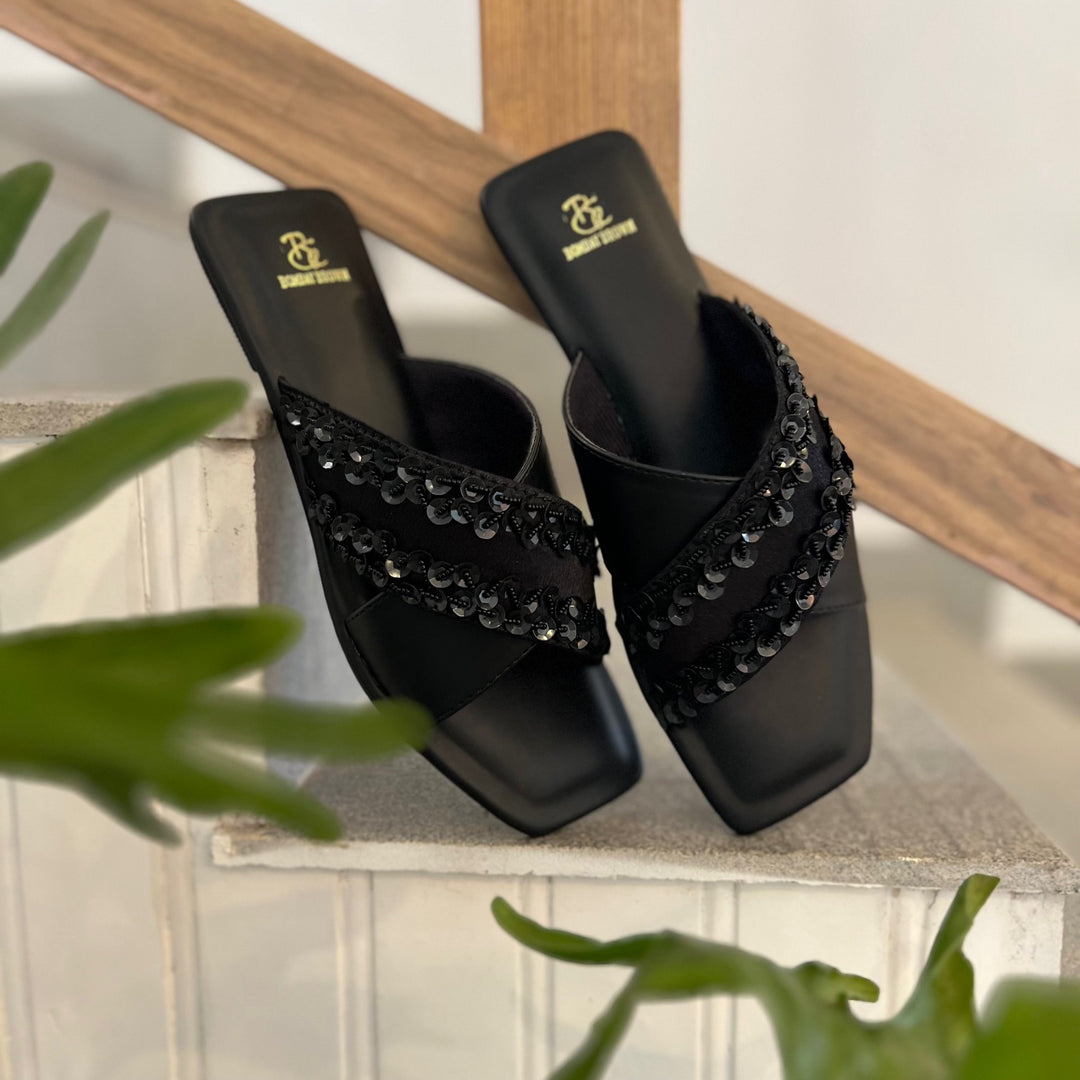 Nightfall Black Embroidered Criss Cross Slides