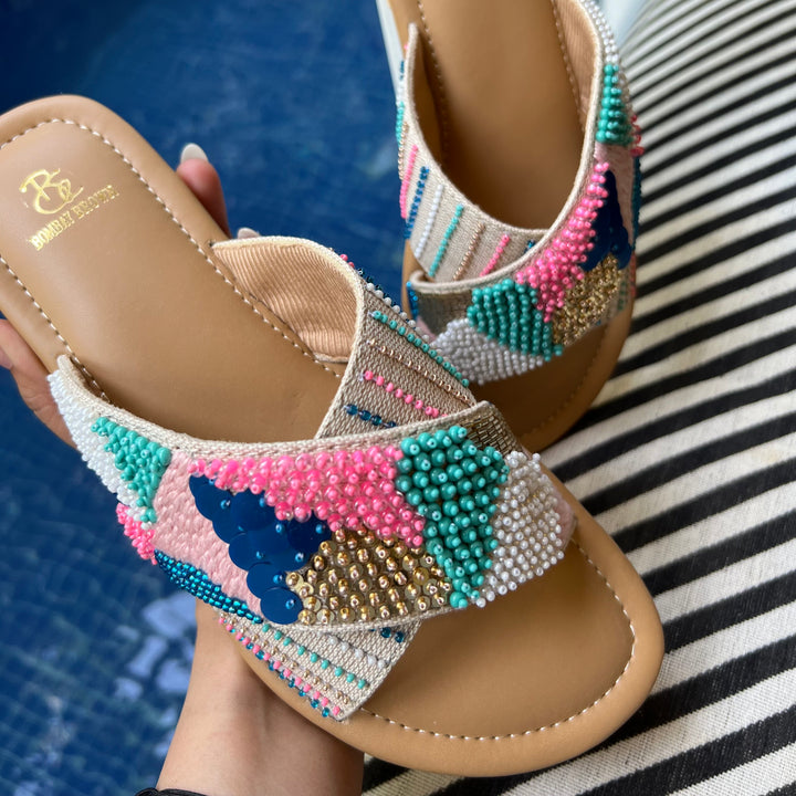 Kaleidoscope Embroidered Criss Cross Slides