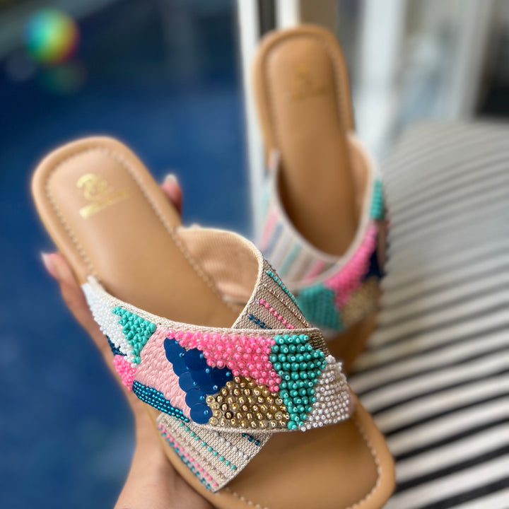 Kaleidoscope Embroidered Criss Cross Slides