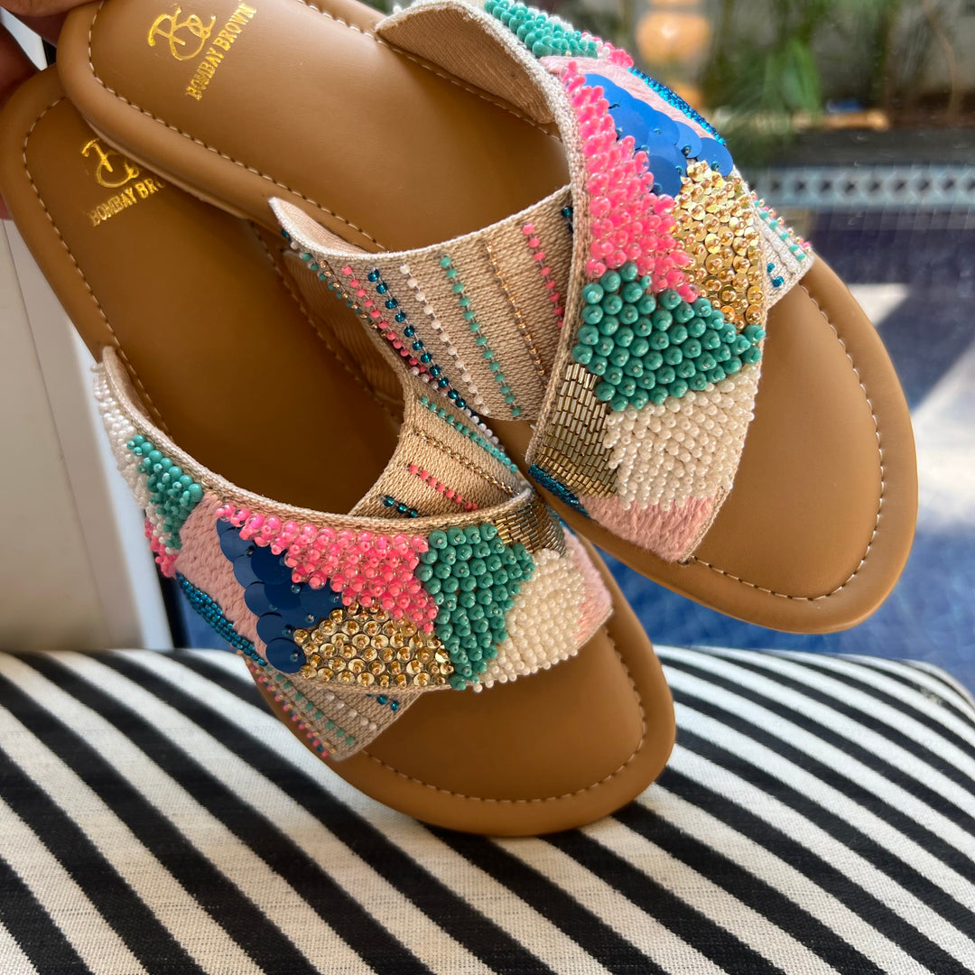 Kaleidoscope Embroidered Criss Cross Slides