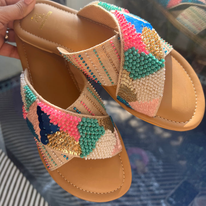 Kaleidoscope Embroidered Criss Cross Slides