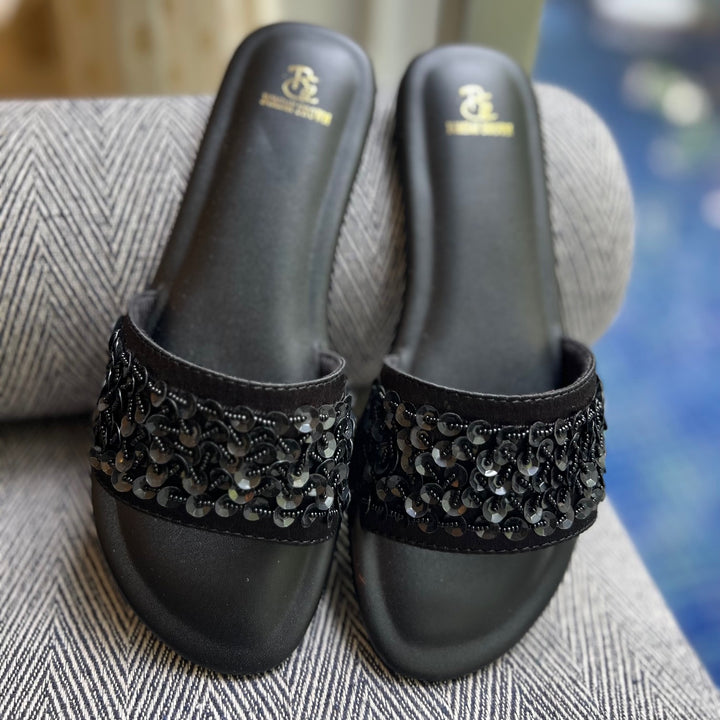 Nightfall Black Embroidered Slides