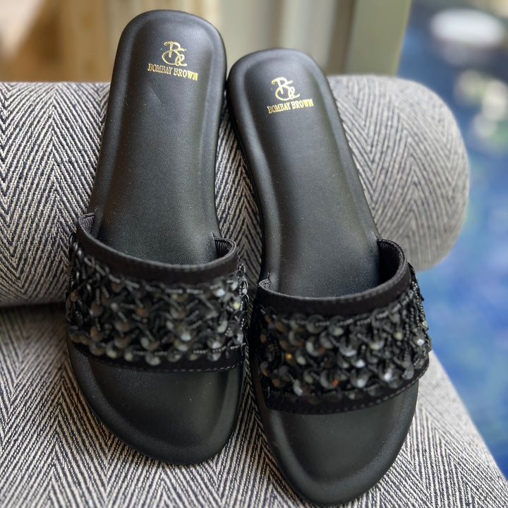 Nightfall Black Embroidered Slides