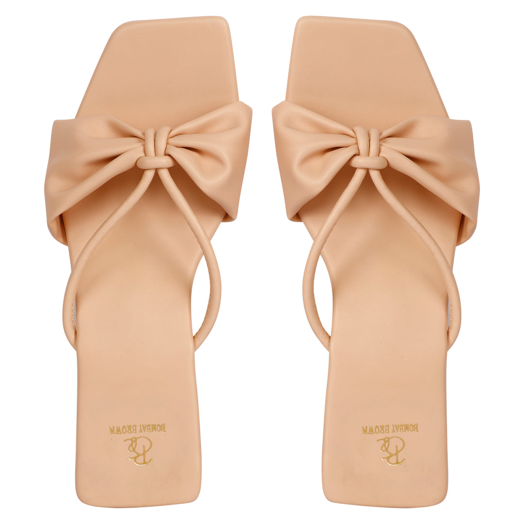 Peach Bow Strappy Round Block Heels