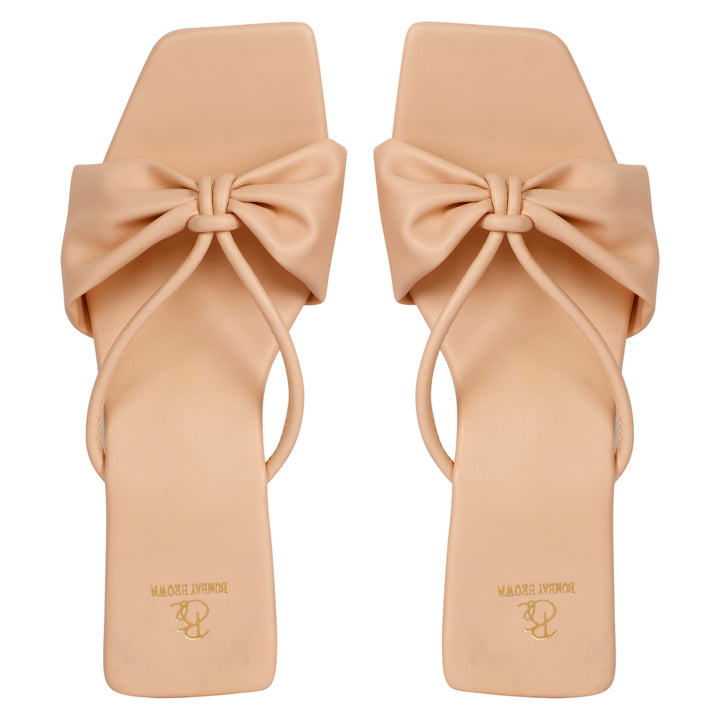 Peach Bow Strappy Round Block Heels