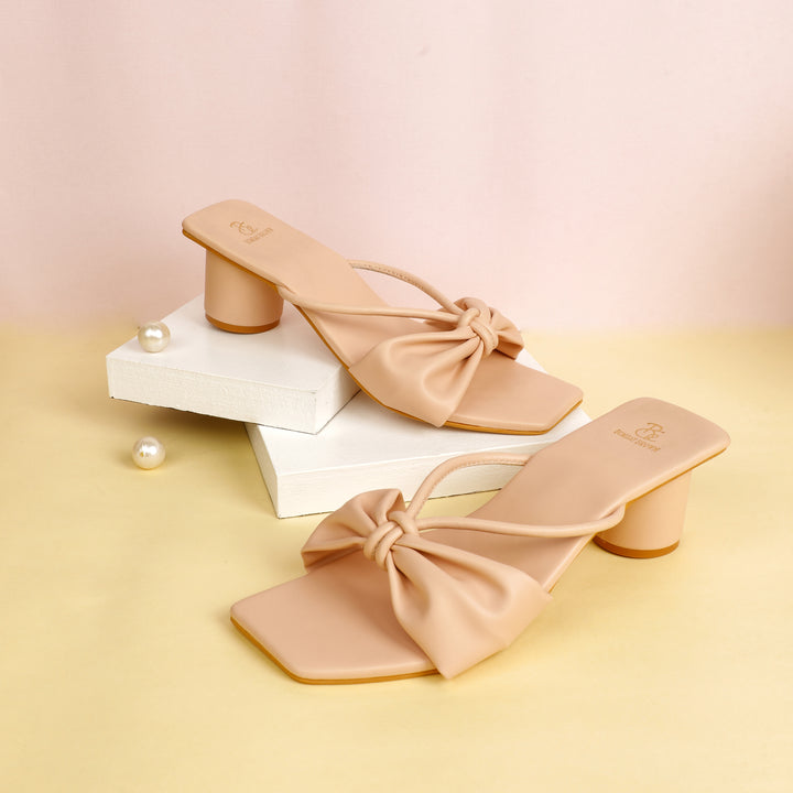 Peach Bow Strappy Round Block Heels