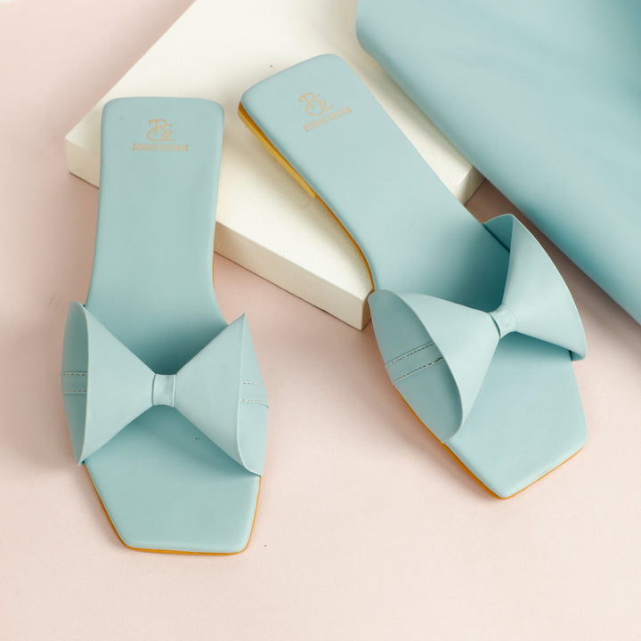 Powder Blue Bow Flat Slides